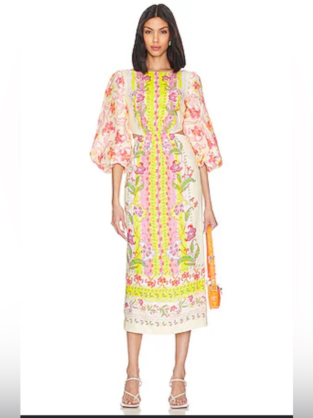 SOLD!! SALONI Ivory Midi Dress with Pink & Lime Floral Embroidery